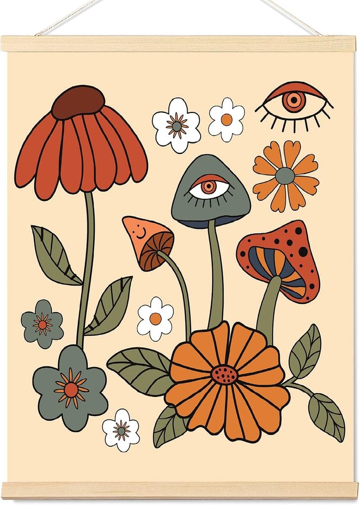 70s Aesthetic Cute Mushroom Floral Canvas Wall Print