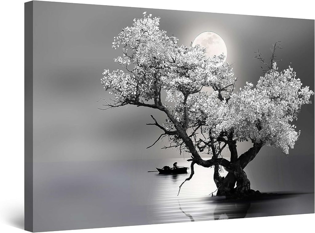 Startonight Flower Tree and Moon Black and White Painting