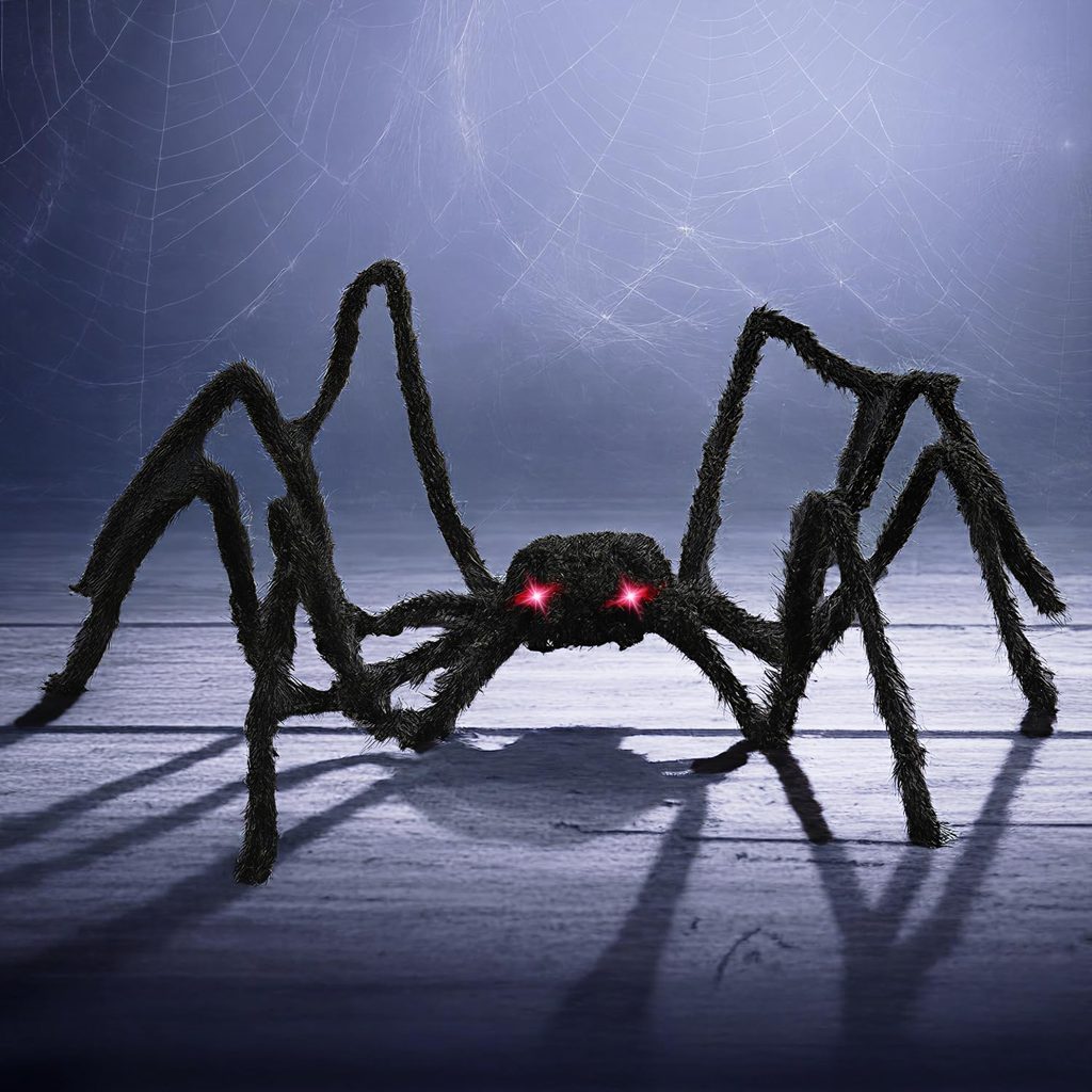 Black Furry Spider with LED Eyes for Halloween Decor