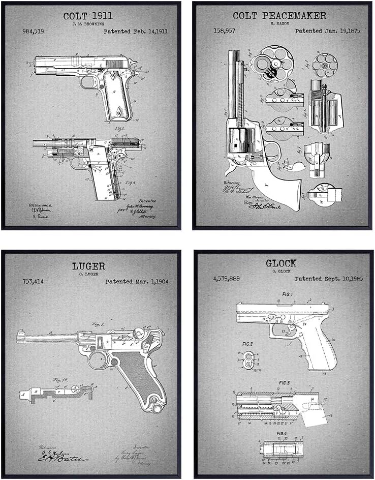 Vintage Unframed Handgun Wall Art Patent Prints