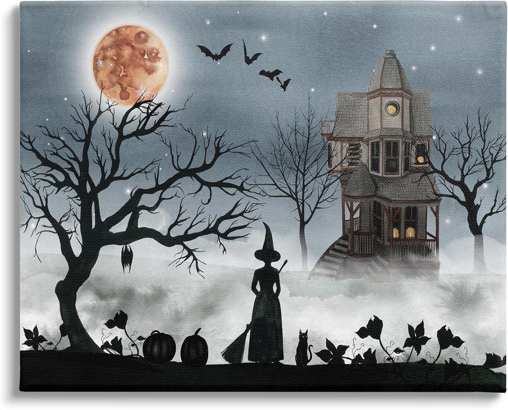 Haunted Full Moon and Witch Canvas Wall Art