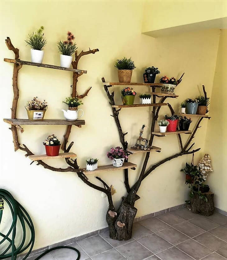 Shelf with Tree Branch Wall Decor
