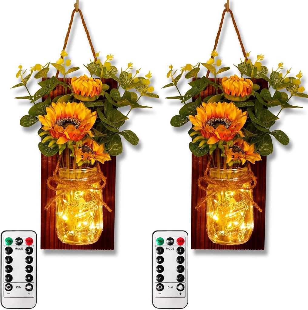 Handmade Sunflower Mason Jars with LED Fairy Lights