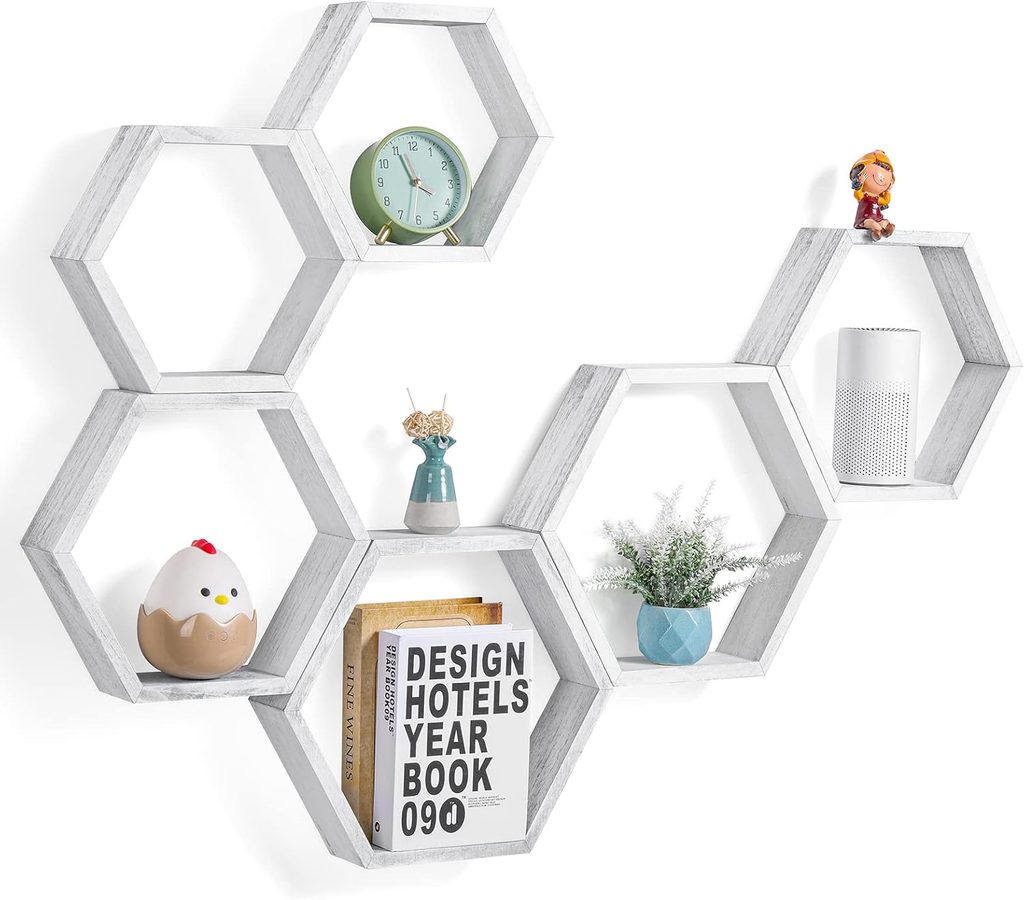 Hexagon Set of 6 Honeycomb Floating Wood Shelves