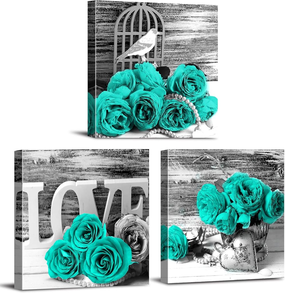 Teal and Grey Rose Flower Canvas Wall Poster