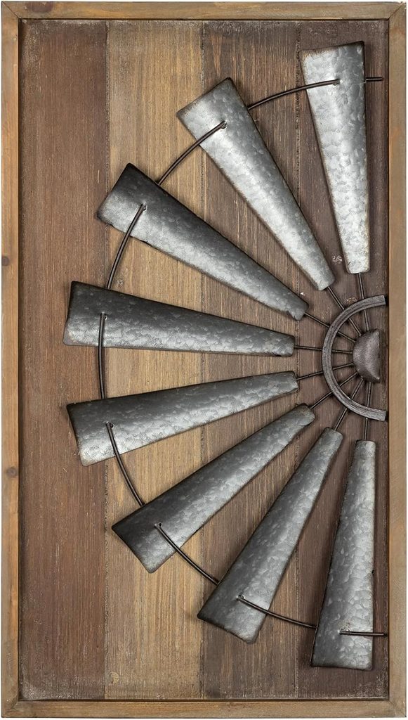 Wall Decor Windmill with Natural Wood & Galvanized Metal