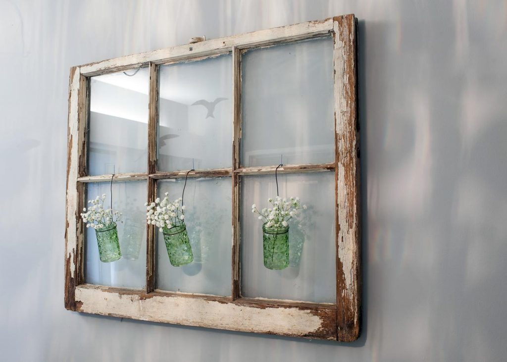 Old Wooden Window Frame with Hanging Vases