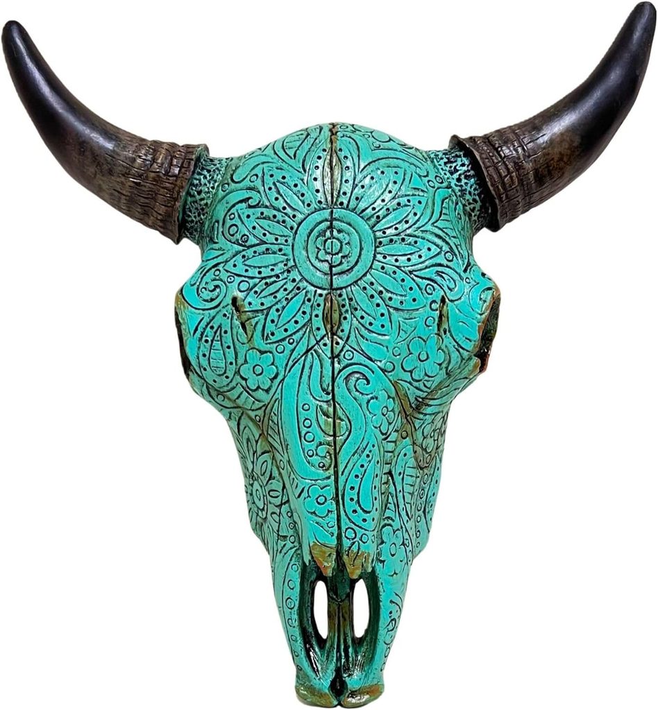 Turquoise Floral Tribal Carved Bull Head Skull