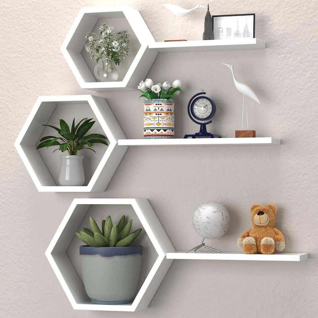 Wooden Hexagon Floating Honey Comb Shelves