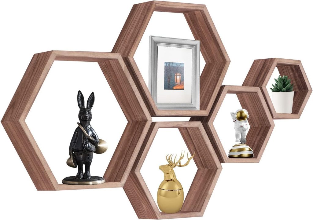Hexagon Floating Wall Mounted Wood Shelves
