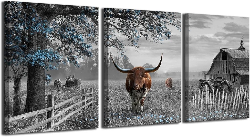 Yiijeah Blue Tree Brown Cow Canvas Wall Art